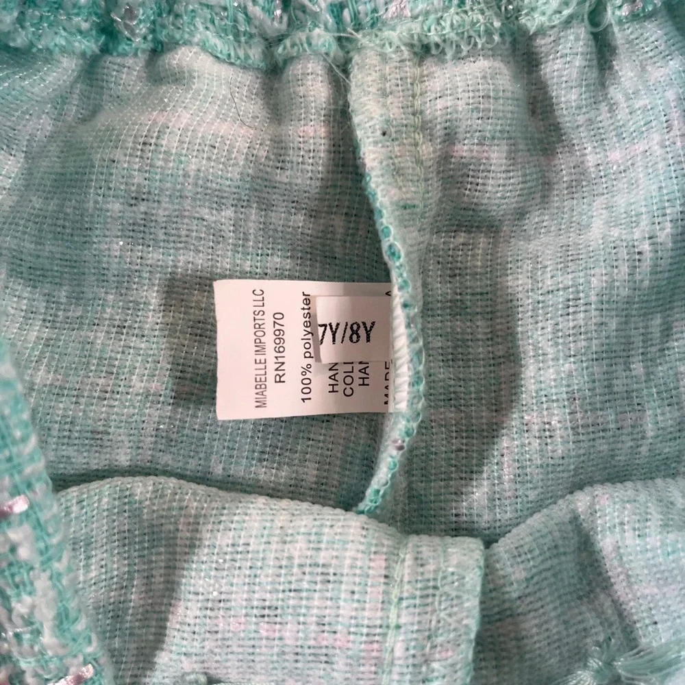 Mia Belle Girls Mint Green Tweed 2 Piece Set Rosette Trim Shorts Jacket Size 7/8